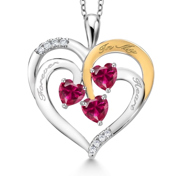 Gem Stone King Two Tone Red Created Ruby and Red Created Ruby Created Moissanite `Forever in My Heart` Engraved Pendant Necklace for Women (1.80 cttw, Heart Shape 5MM, 18 inch Chain)