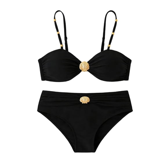 Ticikt Women 2 Piece Bikini Sets Seashell Ring Swimsuit High Waisted Cutout 2026 Beach Summer Swim Bathing Suits,Color:Black,L