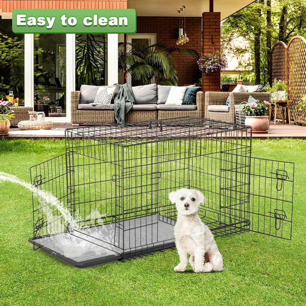 XF XINFENG 48 inch Folding Dog Crate Metal Dog Cage Kennel with Double-Door and Tray, Black