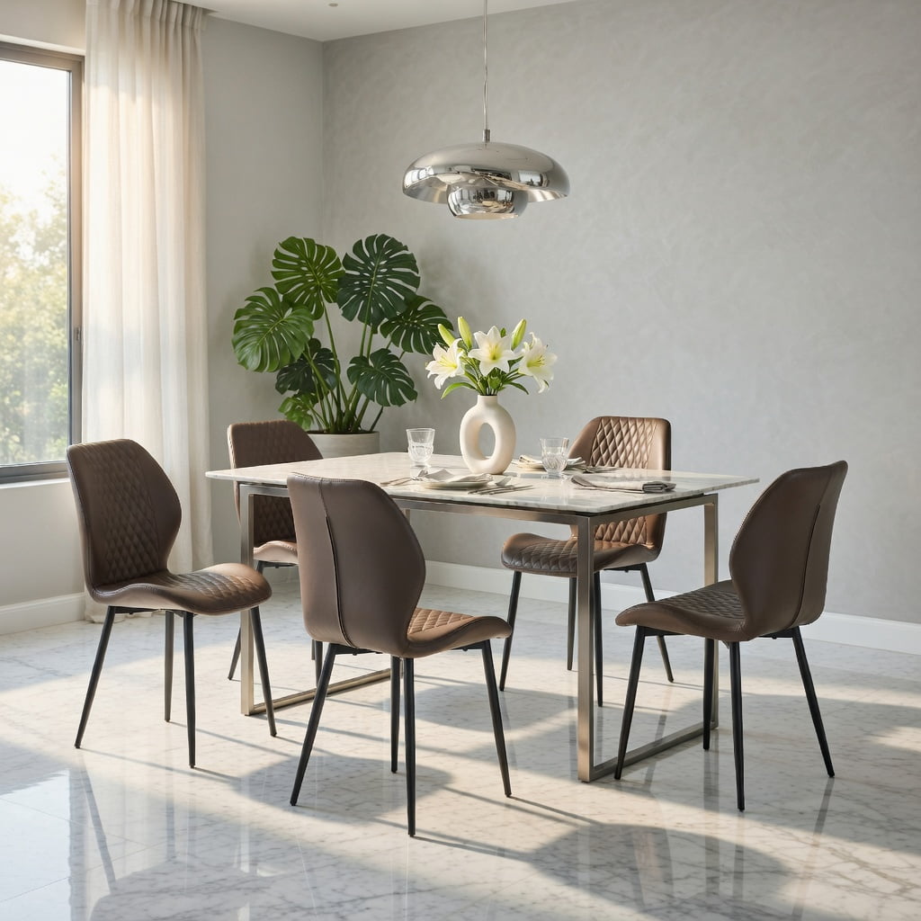 Hommoo Set of 4 Modern Light Luxury Diamond-Quilted PU Dining Chairs, Ergonomic Upholstered Chairs with Sturdy Metal Legs for Dining Room, Cafe, or Home Office, Dark Gray