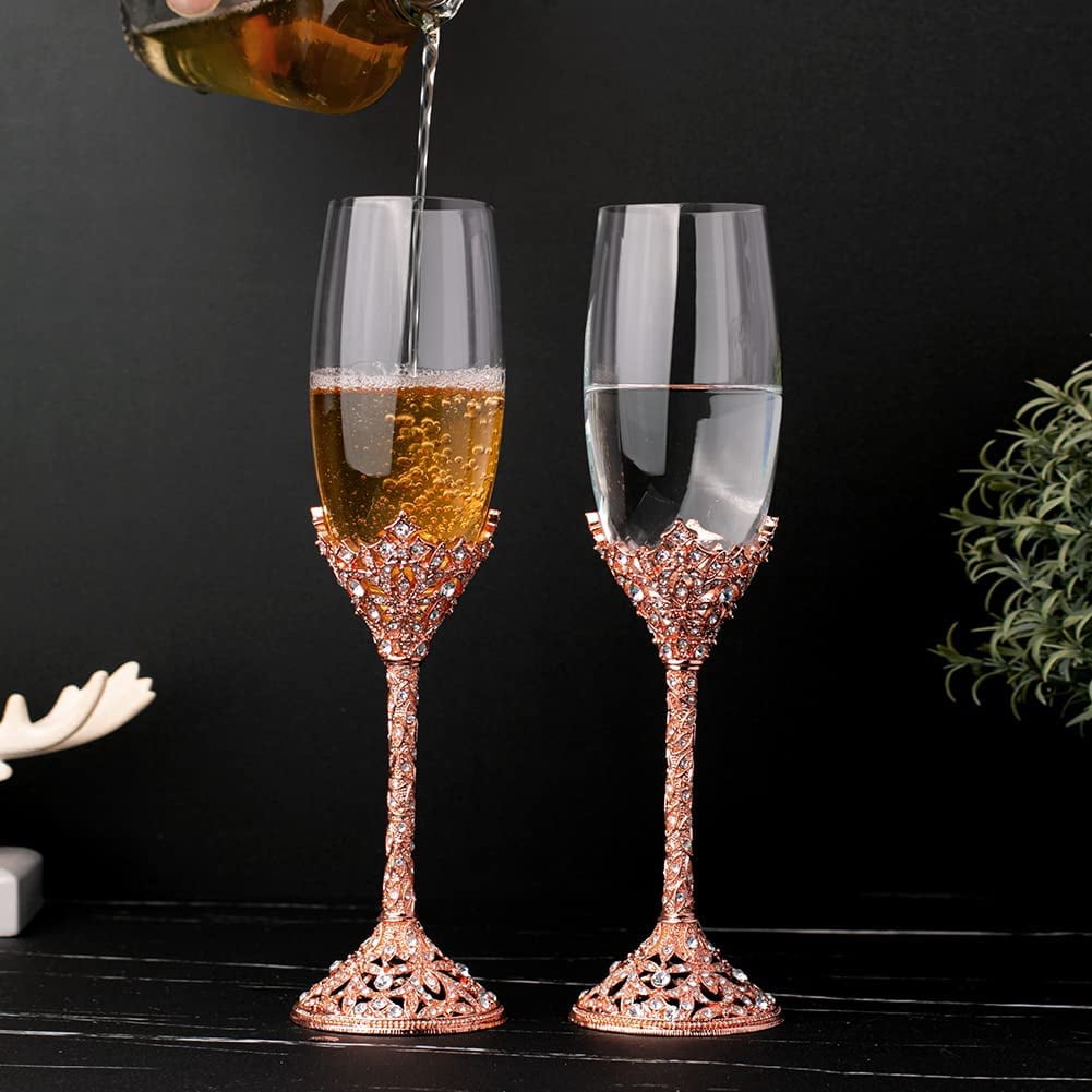 Champagne Flutes - Crystal Glass Metal Base With Crystal Stones, Set of 2 Toasting Flute Pair, Wedding Anniversary Party Birthday Banquets and Gifts for Bride and Groom7oz