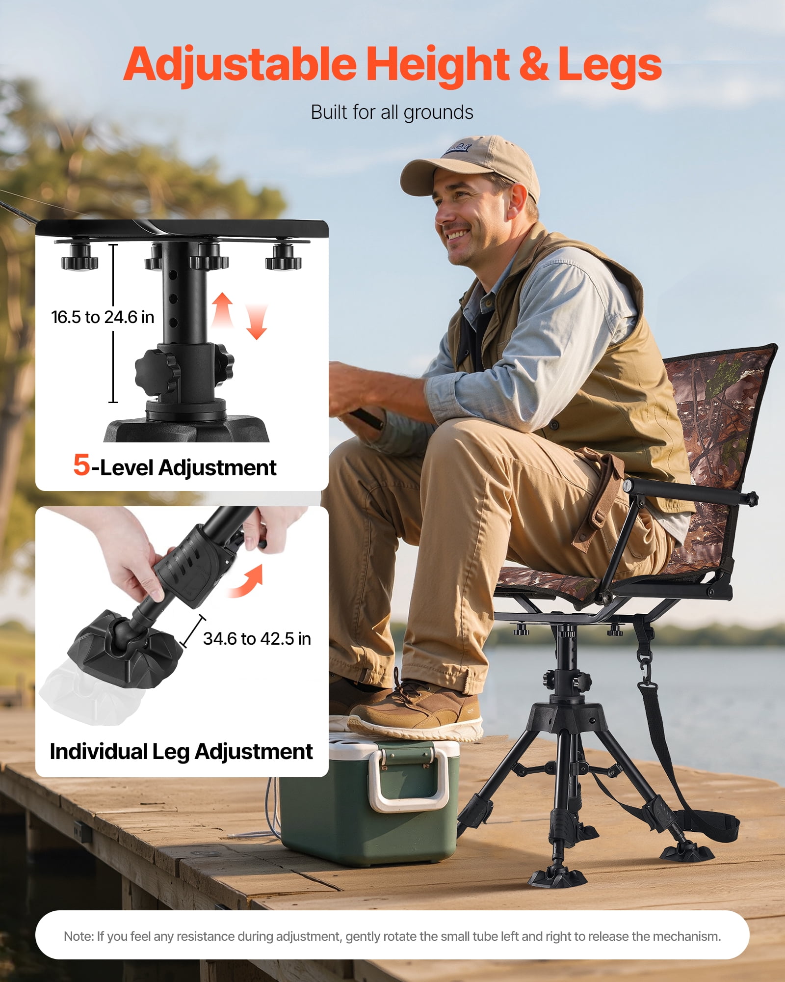 VEVOR Hunting Chair, 360° Silent Swivel, Foldable Portable Blind Chair, Heavy-Duty Steel Frame Ground Stool Seat,with Armrests,Cover,Anti-Sink Feet,Height Adjustable,350 Lbs Capacity for Camping