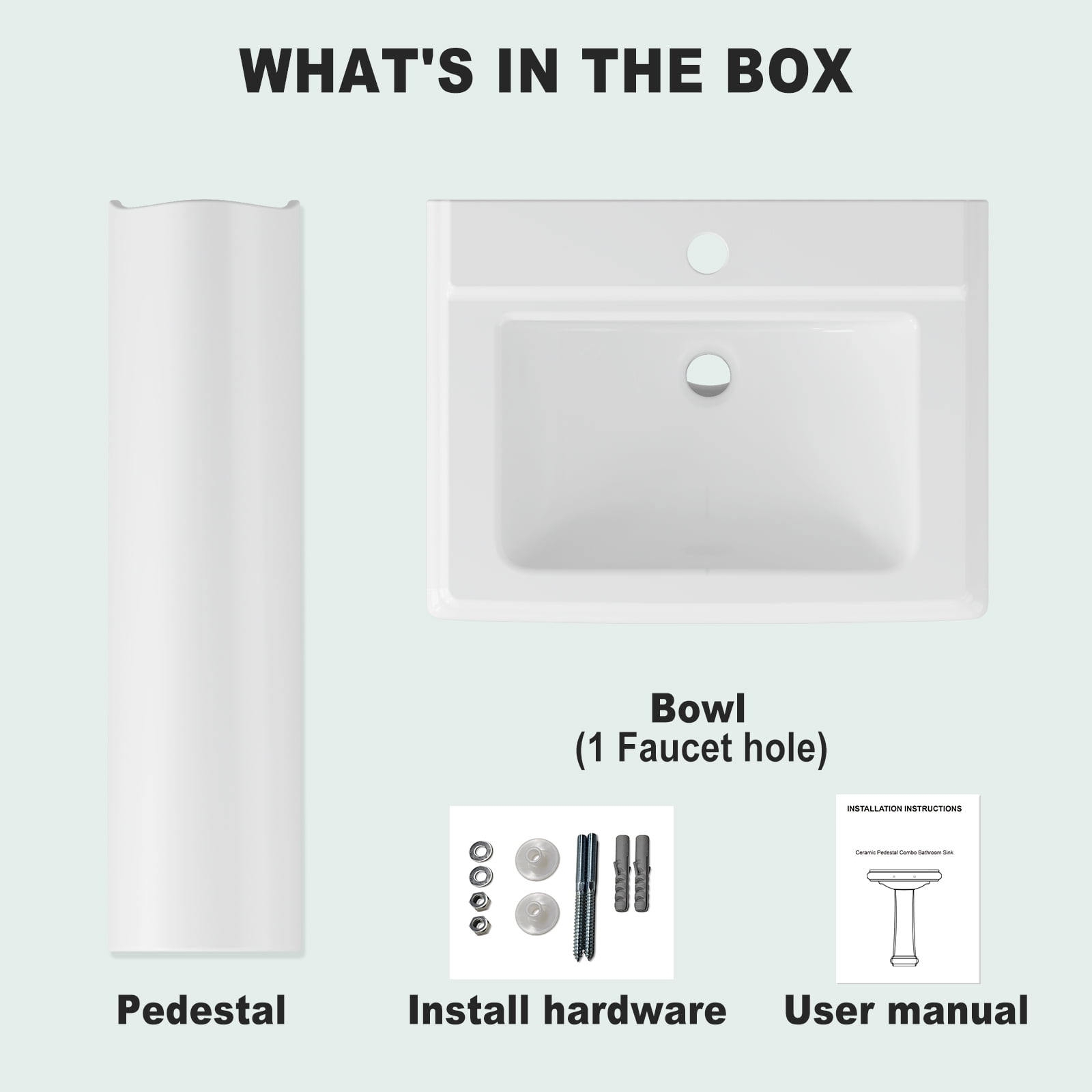 26"L X 21"W Rectangular Pedestal Sink, White Ceramic Pedestal Bathroom Sink with 3 Faucet Holes At 4" Faucet Centers, with Overflow