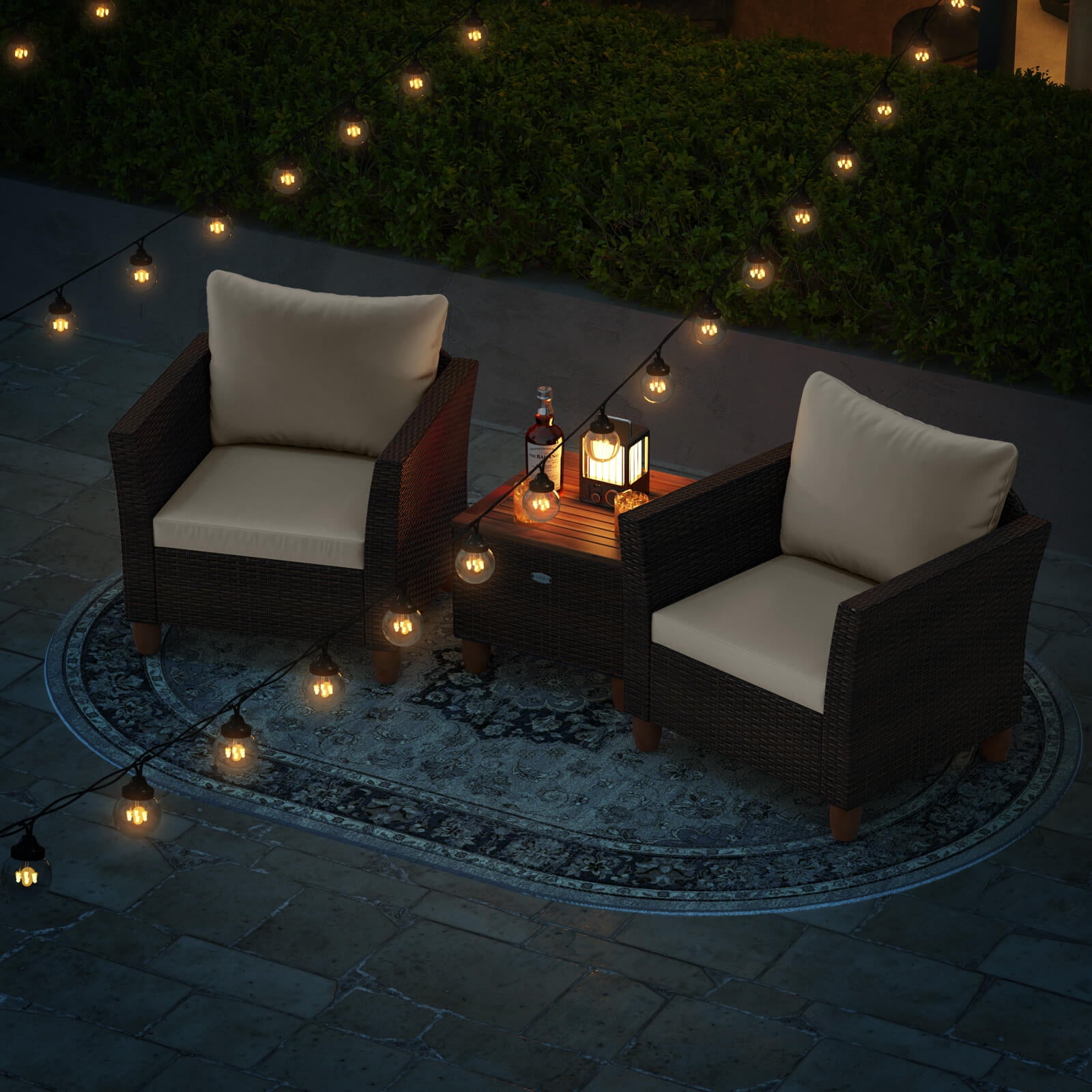 Costway 3 PCS Outdoor Patio Rattan Bistro Furniture Set Wooden Table Top Cushioned Sofa Beige