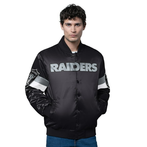 Men's Starter Black Las Vegas Raiders Triple Option Satin Varsity Full-Snap Jacket