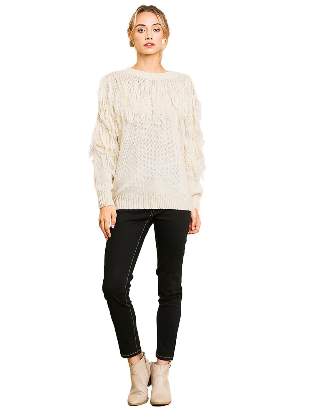 Fashion Cream Long Sleeve Knit Pullover Sweater with Fringe Tassel