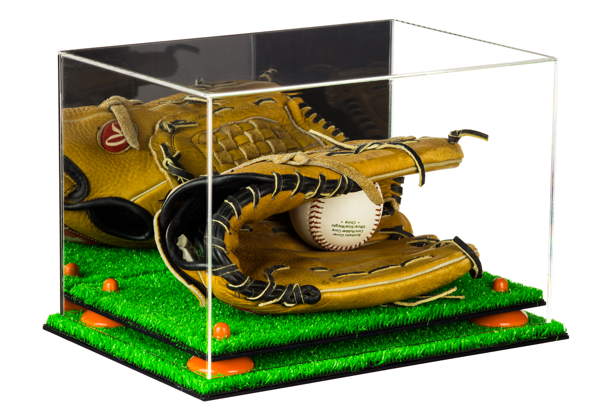 Deluxe Acrylic Baseball Glove Display Case with Orange Risers, Mirror
