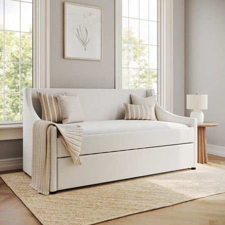 Martha Stewart Twin Upholstered Platform Daybed with Pull Out Trundle, Cushioned Headboard, Footboard, Side Rails, Trundle, No Box Spring Required, Off-White