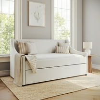 Martha Stewart Twin Upholstered Platform Daybed with Pull Out Trundle, Cushioned Headboard, Footboard, Side Rails, Trundle, No Box Spring Required, Off-White