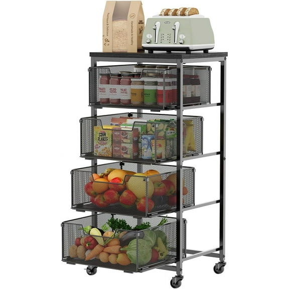 4-Tier Fruit Vegetable Storage Cart - Kitchen Organizer and Storage Cart with Wheels, Wooden Top Metal Wire Fruit Vegetable Rack Stand with Drawers to Storage Cans Snacks for Kitchen(Patent Pending)