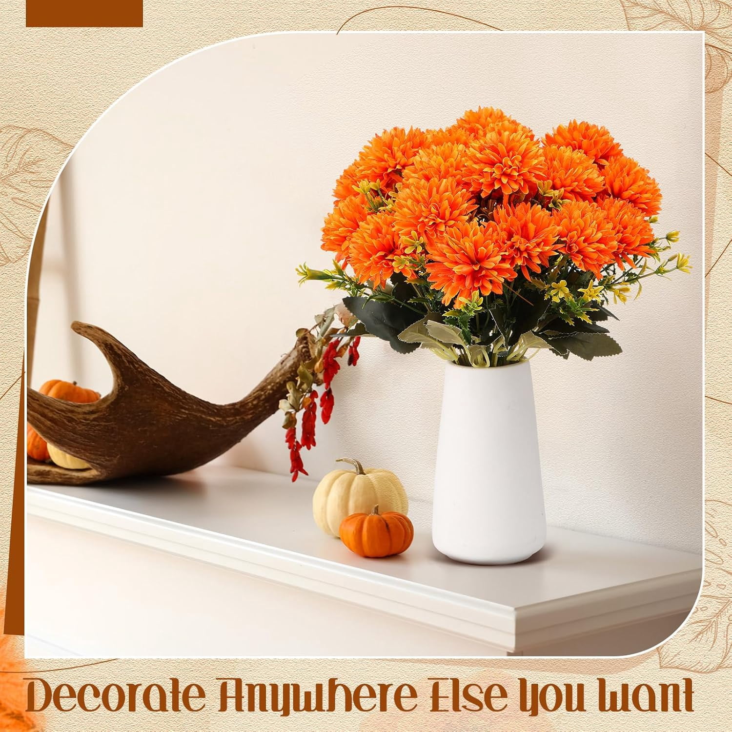 24 Heads Artificial Chrysanthemums Flowers Bouquets Silk Chrysanthemum Ball Fake Mum Artificial Mums for Outdoors Faux Silk Ball Flower for Home Table Centerpieces Decor (Orange)