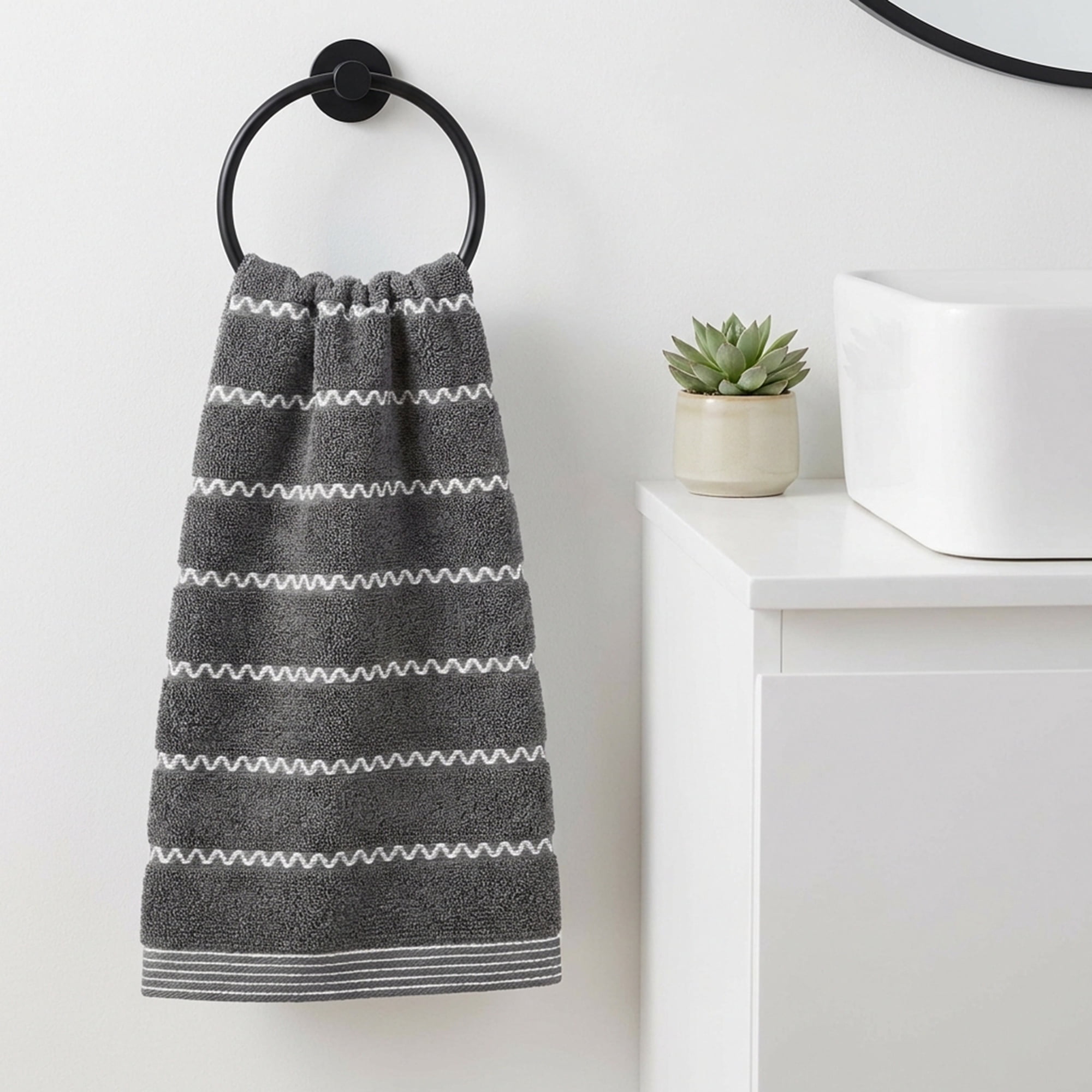 Unique Bargains 2Pcs Pure Cotton Wavy Stripe Absorbent Hand Towels Dark Grey 29" x 13"
