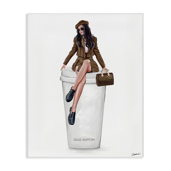 Stupell Industries Lovely Lady on Coffee Cup People Painting Wrapped Canvas Art Print Wall Art, 16 x 20