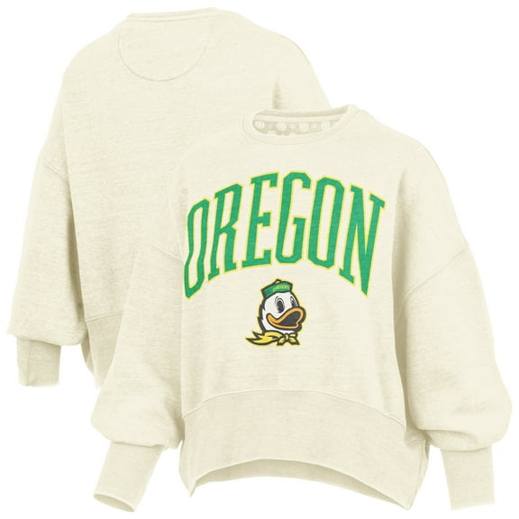 Women's Pressbox Natural Oregon Ducks Oversized Waist-Length Crewneck Sweatshirt