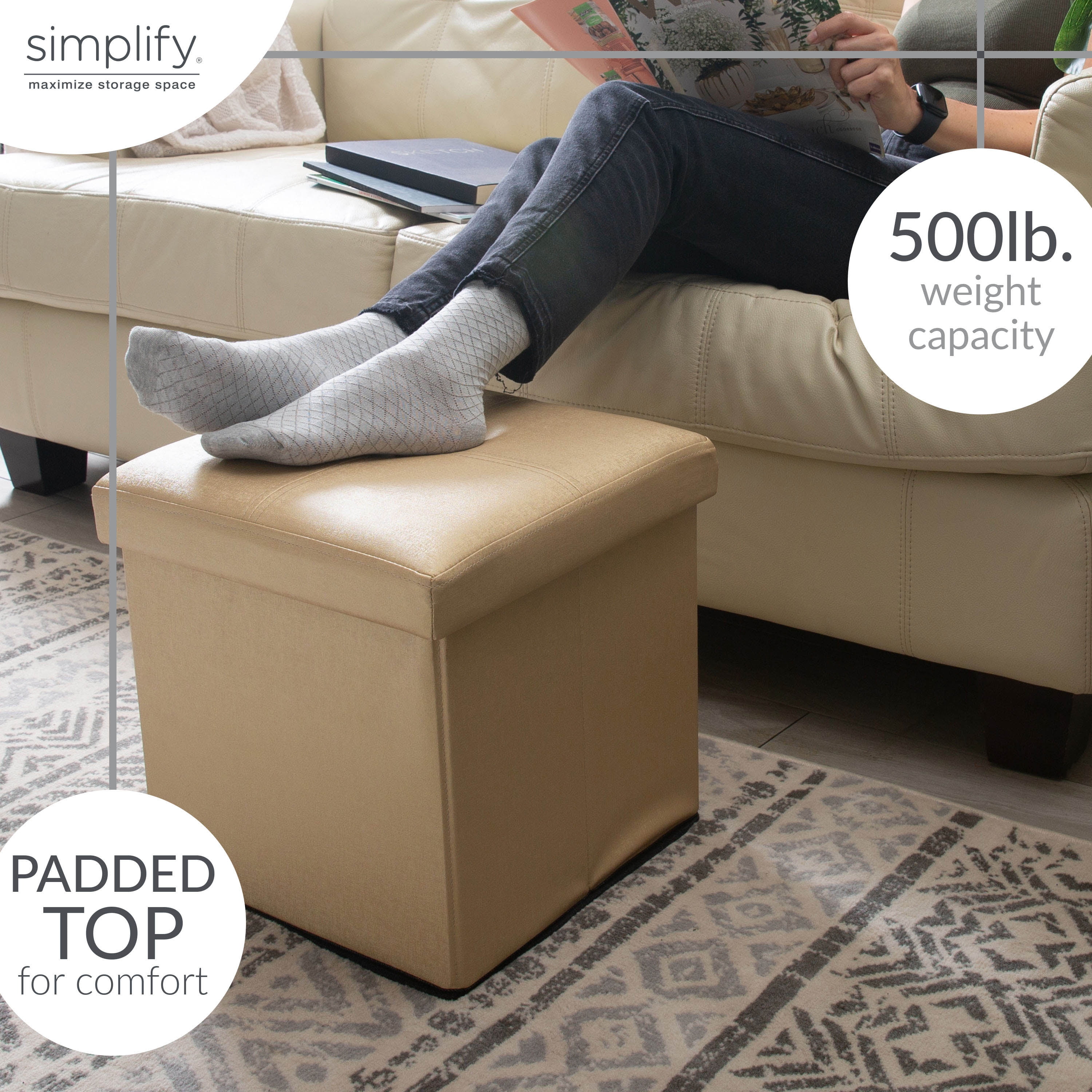 Simplify Faux Leather Folding Storage Ottoman Cube (F-0646-MET-GOLD)