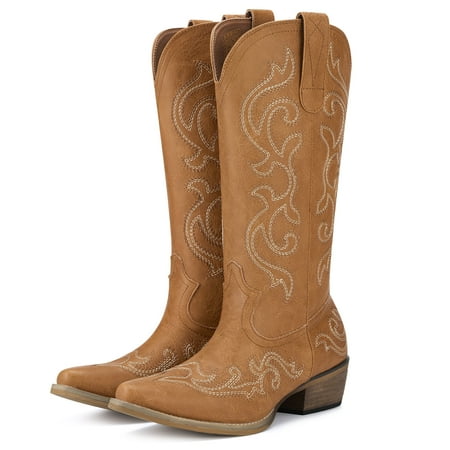 Rollda Cowboy Boots for Women Western Cowgirl Boots with Chunky Heel Ladies Snip Toe Mid-Calf Boots