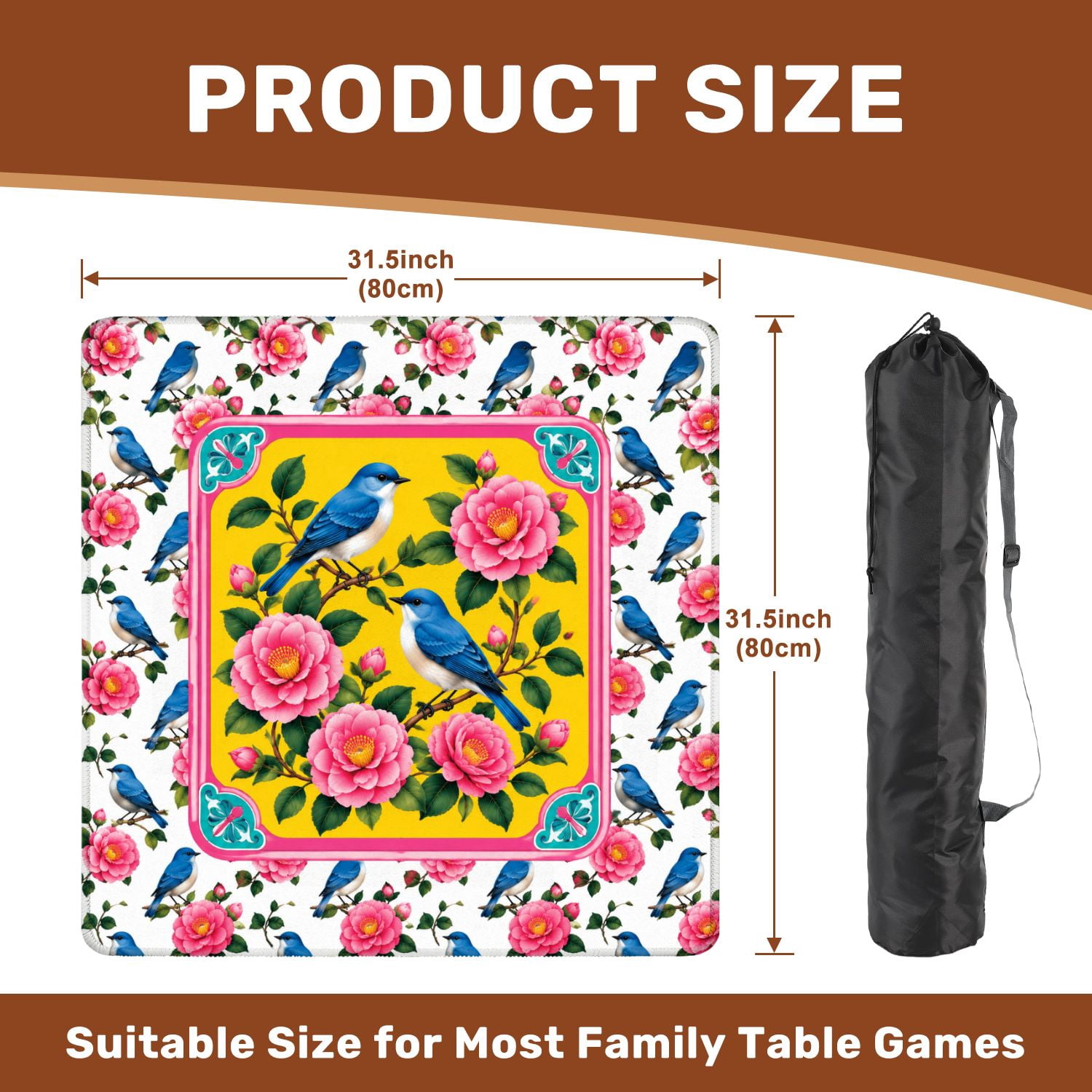 Mahjong Mat 31.5" x 31.5" Blue Birds Flowering Branch Pink Blooms Vibrant Yellow Non-Slip Noise Reduction Mahjong Tiles Table Cover for Dominoes Poker Card Board and Tile Games