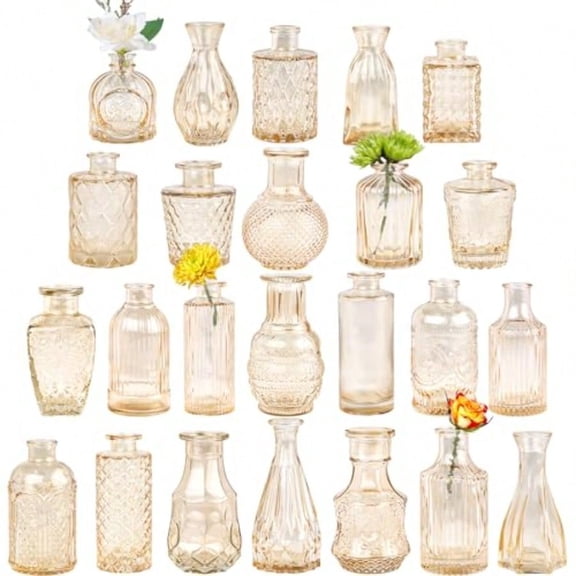 Glass Bud Vase Set of 24 Small Amber Flower Vases for Centerpieces in Bulk Mini Vintage Vase for Wedding Decor and Home Table Decor