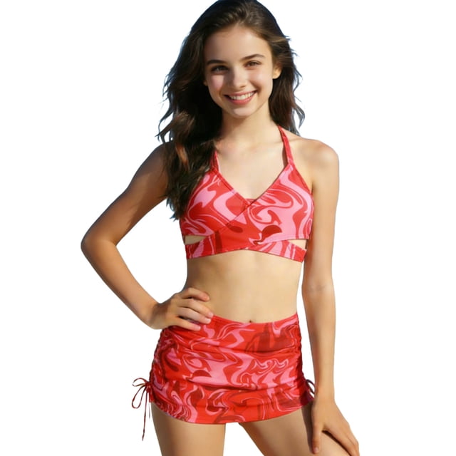 Conjunto de Pantalones Cortos para Bebés Niños Estilo de Falda de Impresión de Verano Batik Traje de Baño de Tres Piezas Niñas Empalme Desgaste de Playa con Sombrero Niño Pequeño