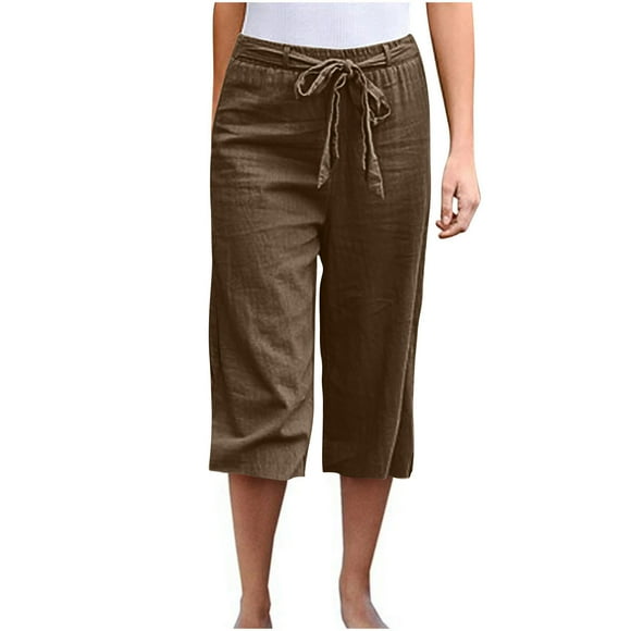 biudgviw Capri Pants for Women Elastic High Waisted Tie Front Plus Size Cropped Casual Pants Summer Loose Trousers