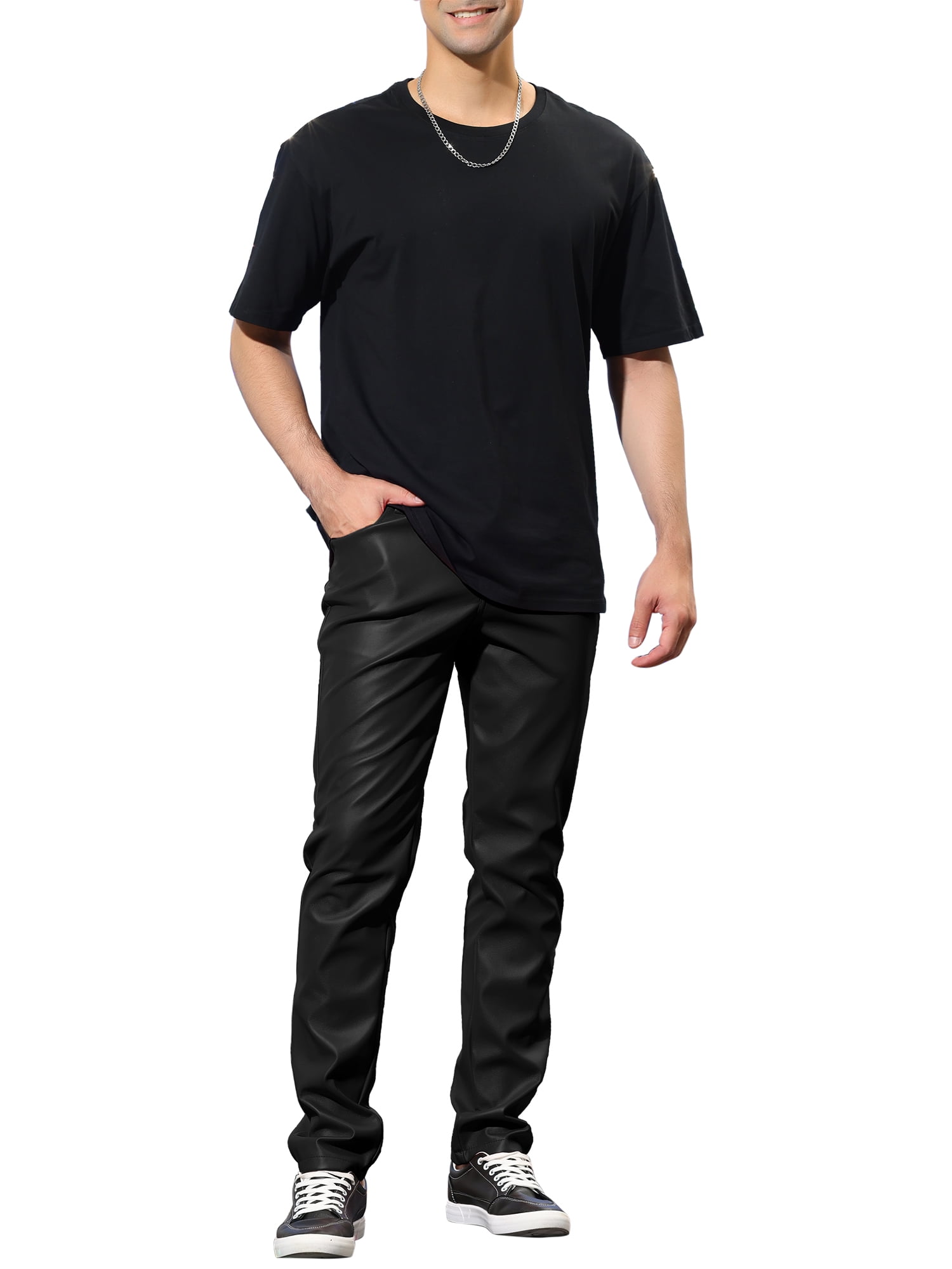 INSPIRE CHIC Men's Pants Faux Leather Slim Fit Zip-Fly Solid Pants 36 Black