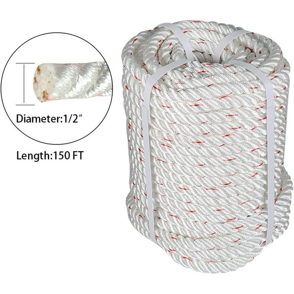 PET-U High Strength Braid Rope Pulling Rope Polyester Rope Multipurpose Bull Rigging 1/2 Inch x 150 Feet White Red