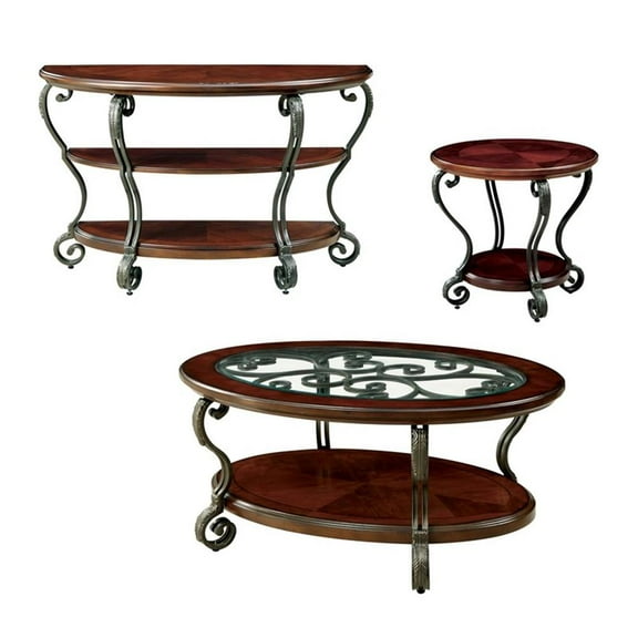 Furniture of America Azea Solid Wood 3-Piece Coffee Table Set in Brown Cherry