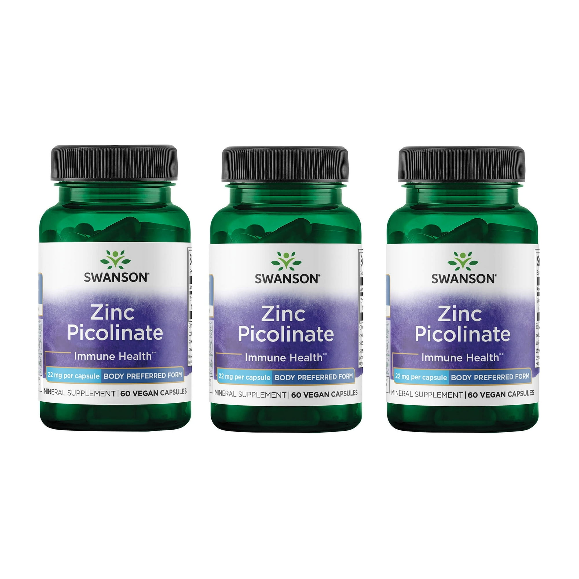 Swanson Zinc Picolinate - Mineral Supplement Promoting Prostate Health, Vision Health, & Immune Support - Body Preferred Form of Chelated Zinc - (60 Capsules, 22mg Each) (3 Pack)