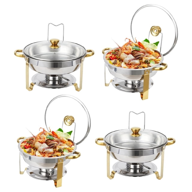 Ensemble de 2/4 Casseroles Rondes de 5 Qt / Réchaud de Buffet en Acier Inoxydable avec Couvercle en Verre et Double Contrôle de la Température pour Traiteur, Mariages et Fêtes