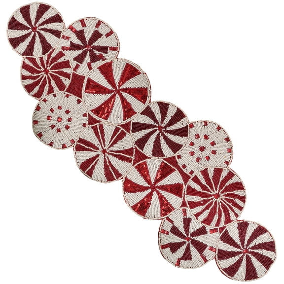 36x13-in Handmade Floral Decorative Glass Beaded Table Runner for Tabletop Decor - Maroon & Cream