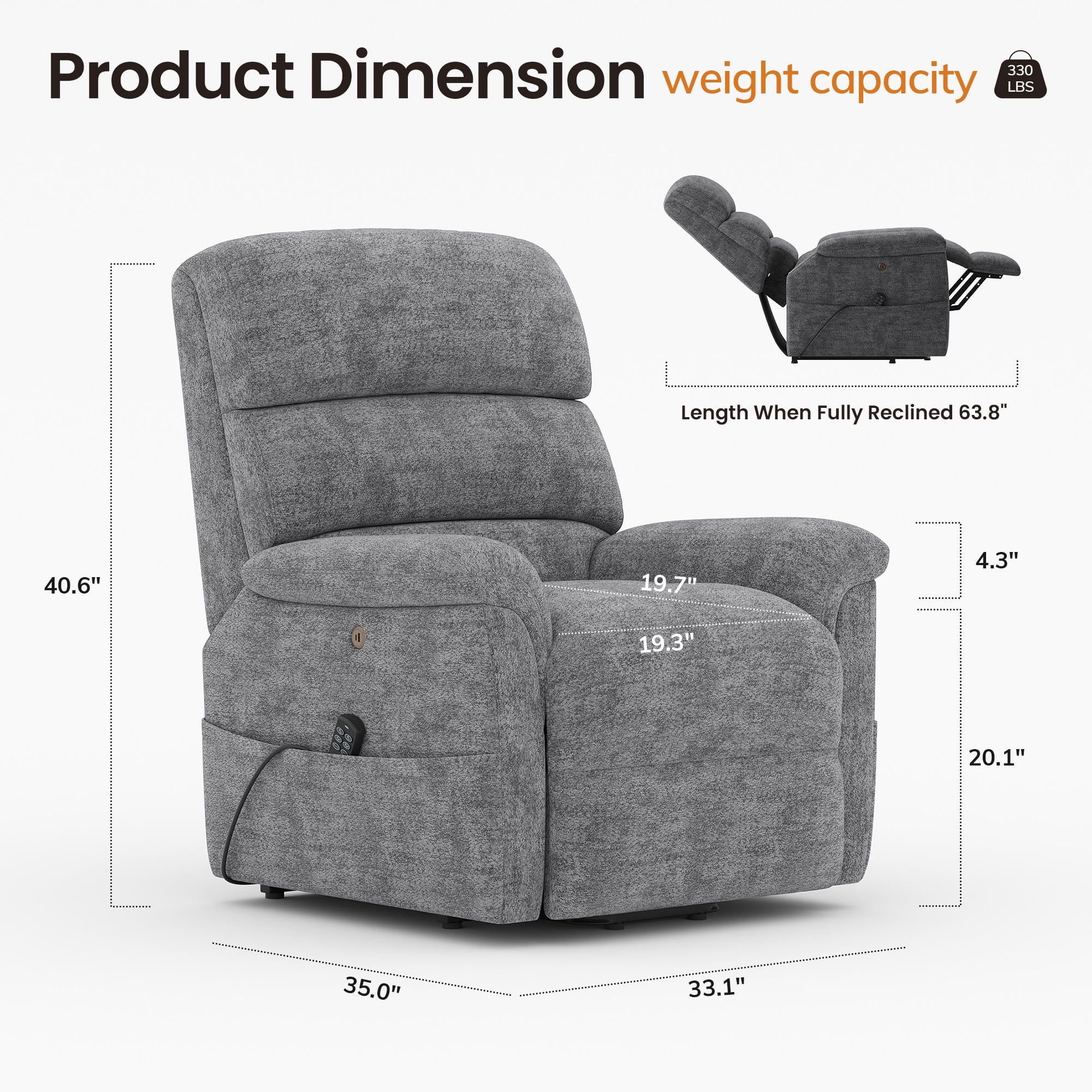 COLAMY Power Lift Recliner Chair for Elderly, Electric Massage and Heat Sofa with Lift Assistance, 20W USB and Type-C Fast Charging, Dark Grey