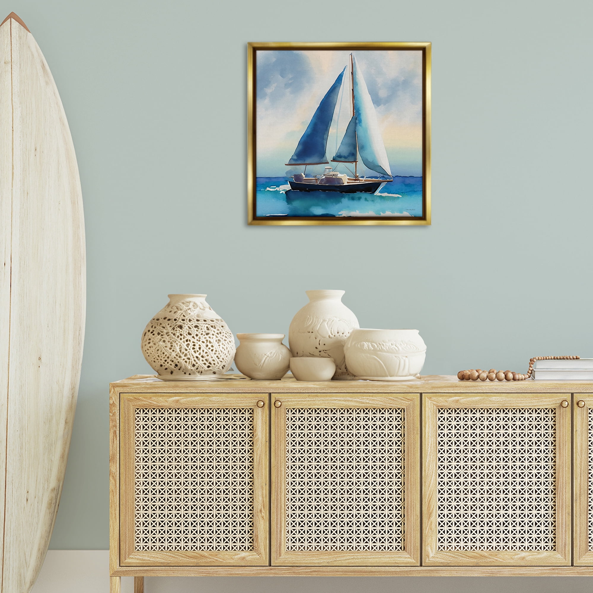 Stupell Industries Watercolor Style Sailboat Nautical & Beach Painting Gold Floater Framed Canvas Art Print Wall Art, 25 x 25
