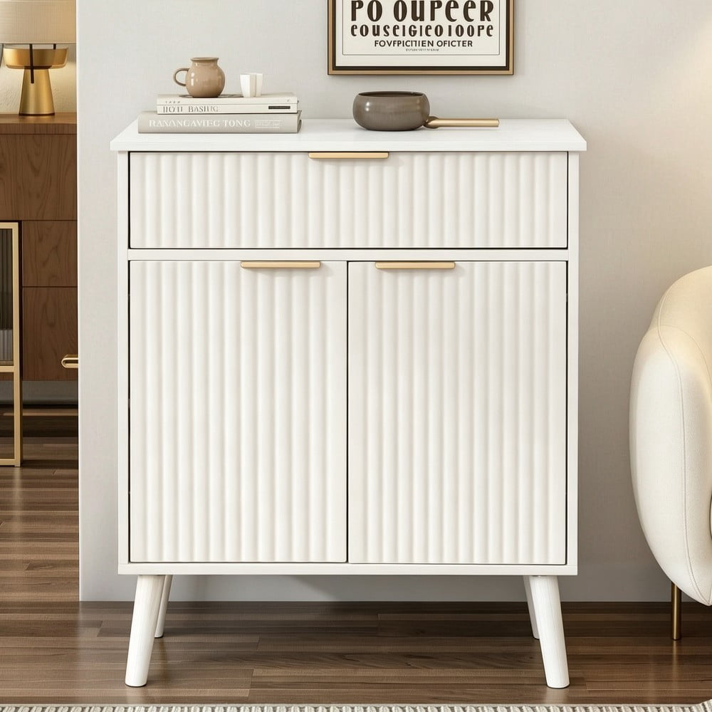 Kitchen Storage Cabinet, Buffet Cabinet with 2 Doors & Drawer, Adjustable Shelves, Wood Sideboard with Solid Wood Legs, White
