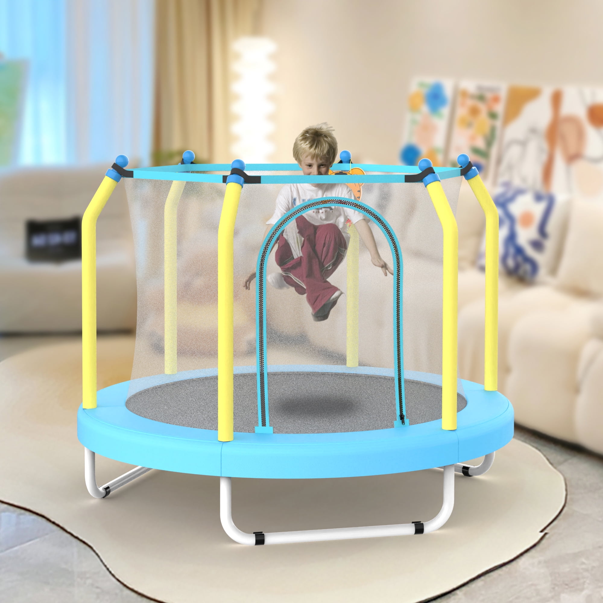 55 Inch Kids Trampoline with Basketball Hoop, Blue & Yellow Toddler Trampoline, Indoor Outdoor Play Trampoline