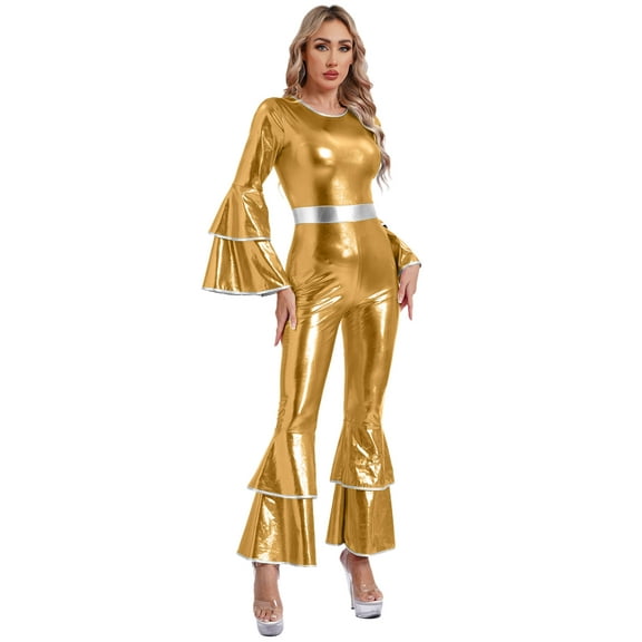 Xnihocha Women Disco Jazz Dance Outfit 70s 80s Prom Metallic Shiny Flare Jumpsuit Party Hippie Clothes Gold XXL