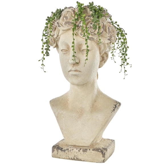 DecMode 11" x 22" Distressed Antique Greek Bust Cream Magnesium Oxide Woman Planter with Floral Accents