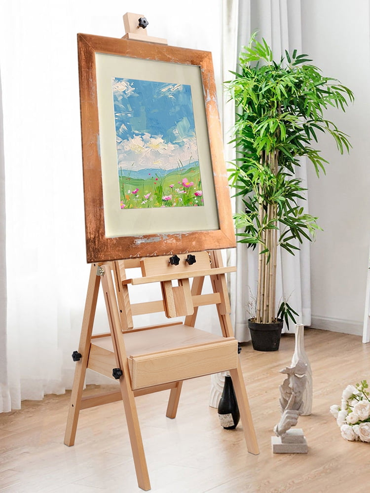 Lorelo H Frame Easel, French Easel with Casters, Solid Beech Wood Easel, Painting Canvas Holder Stand, Tilts Flat Artist Easel, Height Angle Adjustable
