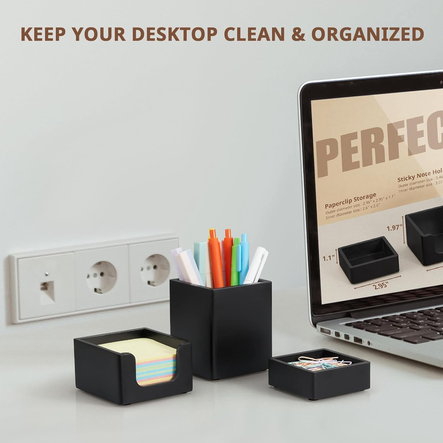 Black Desk Organizer Set of 3 - Wood Office Desk Accessories - Desk Organizers and Accessories for Women Men - Set incl. Pencil Pen Holder, Paperclip Storage and Sticky Note Holder