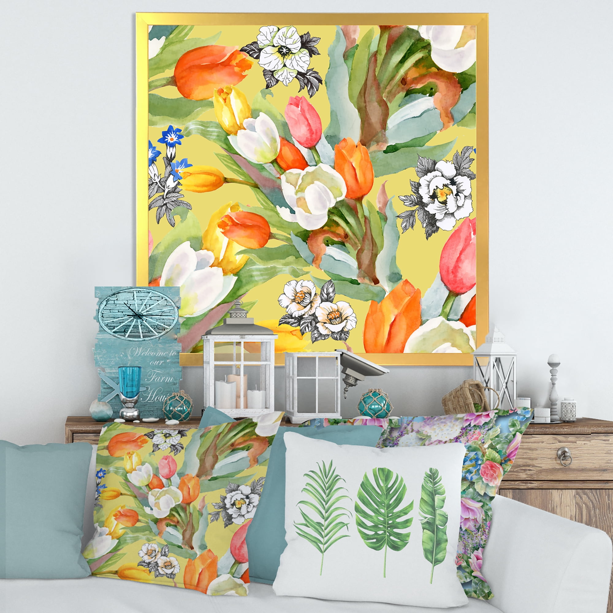 Designart 'Blooming Orange and White Tulips IV' Traditional Framed Art Print