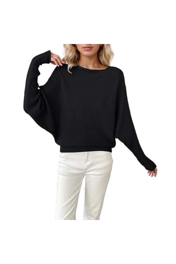 Women's Long Sleeve Sweaters Boat Neck Batwing Sleeves Ribbing Knitted Pullovers Tops Solid Color Loose Fit Soft Comfortable Casual Sweaters for Women Black L