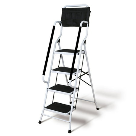 Support Plus Folding 4-Step Safety Step Ladder - Step Stool with Padded Side Handrails, Tool Pouch Caddy, Wide Steps