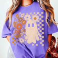thumbnail image 5 of Floral Ghost Halloween T-Shirt, Retro Daisy Checker Graphic Tee, Comfort Colors Spooky Season Fall Apparel Gift for Women - Violet, XL, 5 of 5
