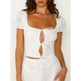 thumbnail image 3 of Michellecmm  Women's Eyelet Crop Tops Short Sleeve Square Neck Tie Front T-Shirts, 3 of 9