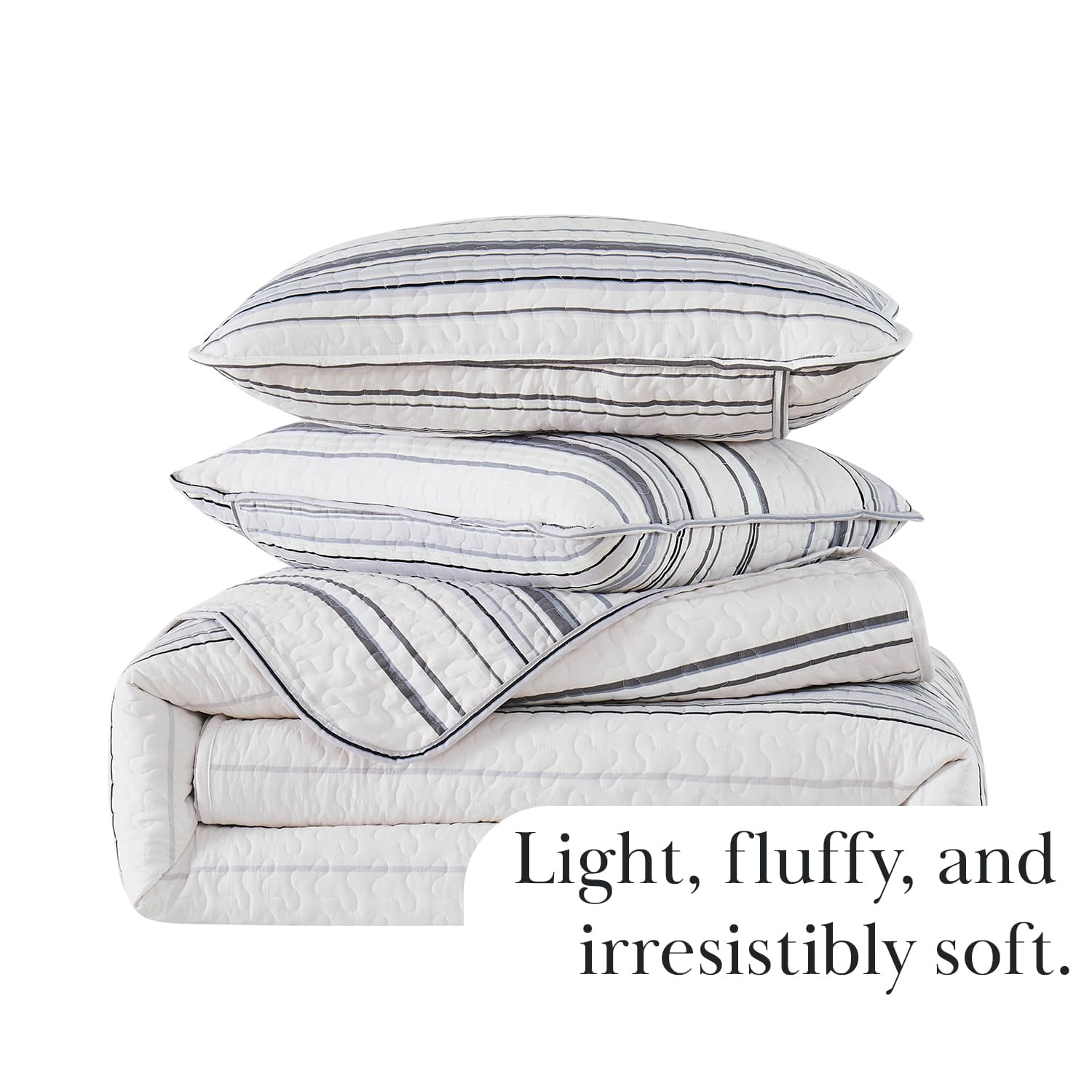 Southshore Fine Living, Inc. Oversized Queen Quilt Set, Striped Grey Quilt Bedspread Queen or Full, 3-Piece Coastal Bedding Set with Quilt and 2 Matching Shams, Soft Microfiber Quilt, Grey Stripes