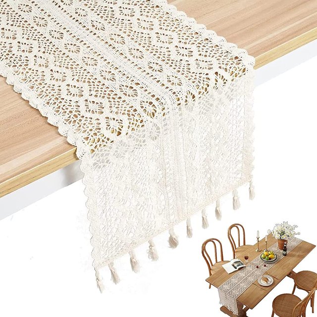 Cubierta de mesa de ganchillo de algodón, camino de mesa de boda Boho de encaje, camino de mesa con borlas, boda Bohemia