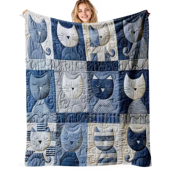 Vintage Denim Plaid Decorative Throw Blanket Featuring An Abstract Cat Pattern