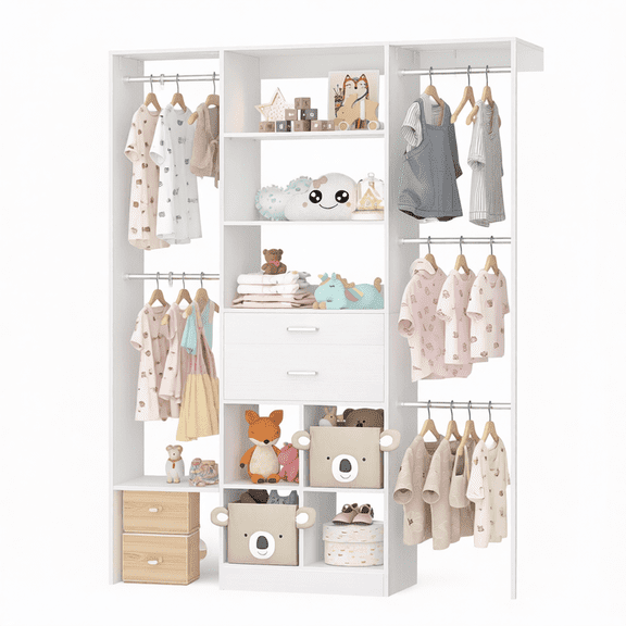 Closet Organizer System 5-8FT with Wooden Drawers & Cube Storage, Up to 96" for Nursery & Walk-In Closets, Cuttable Hanging Shelving, White