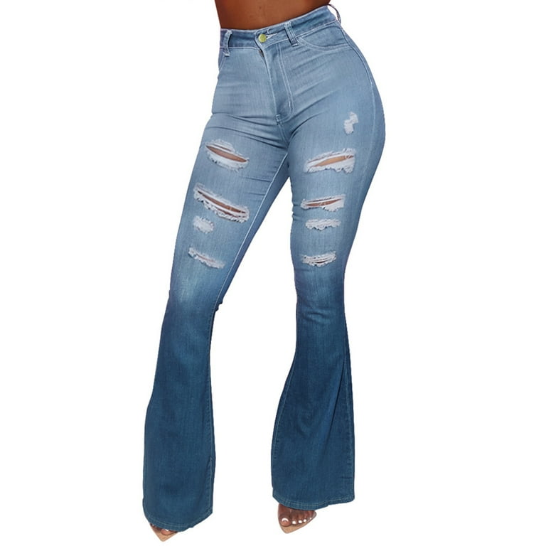 Pfysire Womens Casual Ripped Gradient Flared Jeans Wide Leg Denim