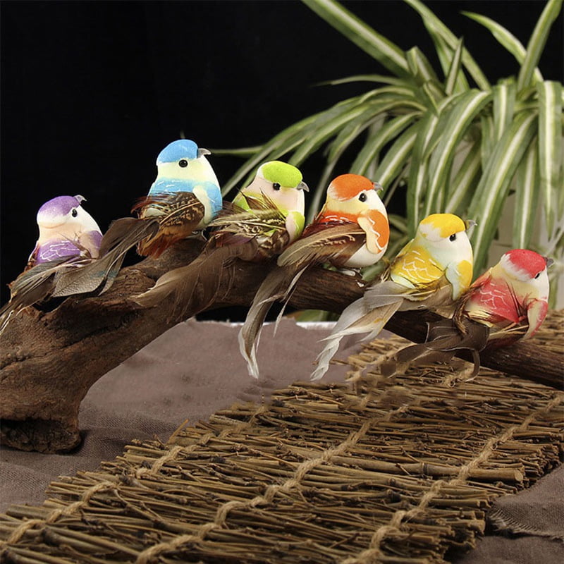 6PCS Artificial Feather Bird Christmas Tree Decoration Wooded Bird Ornaments