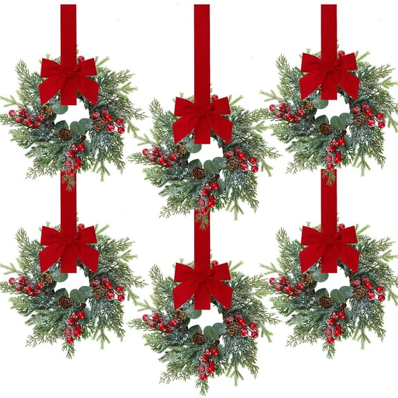 6 Pcs Christmas Mini Cabinet Wreaths Norfolk Pine Wreath with Ribbon Bows Red Berry Pinecones Artificial Small Kitchen Wreath for Window Front Door Farmhouse Wall Pillars Xmas Decorations